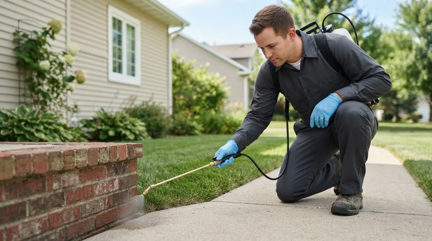 Pest control technician treating a home near Mauston, WI